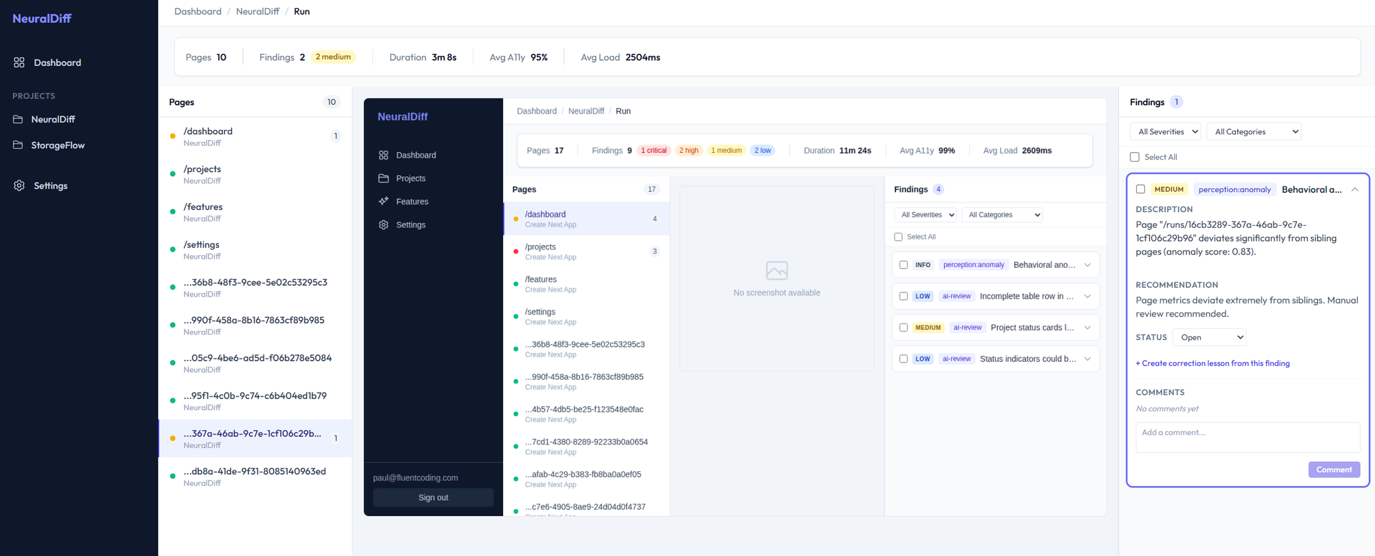 NeuralDiff QA dashboard showing findings, pages, and project navigation